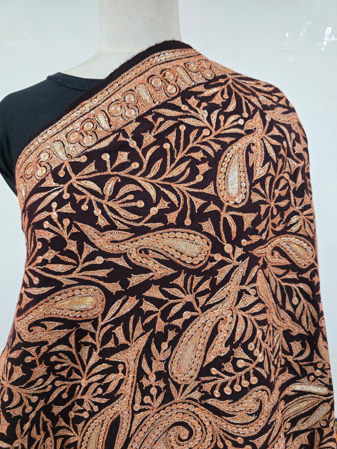 Elegant Brown Fine Merino Wool Shawl with Paisley Tilla Embroidery