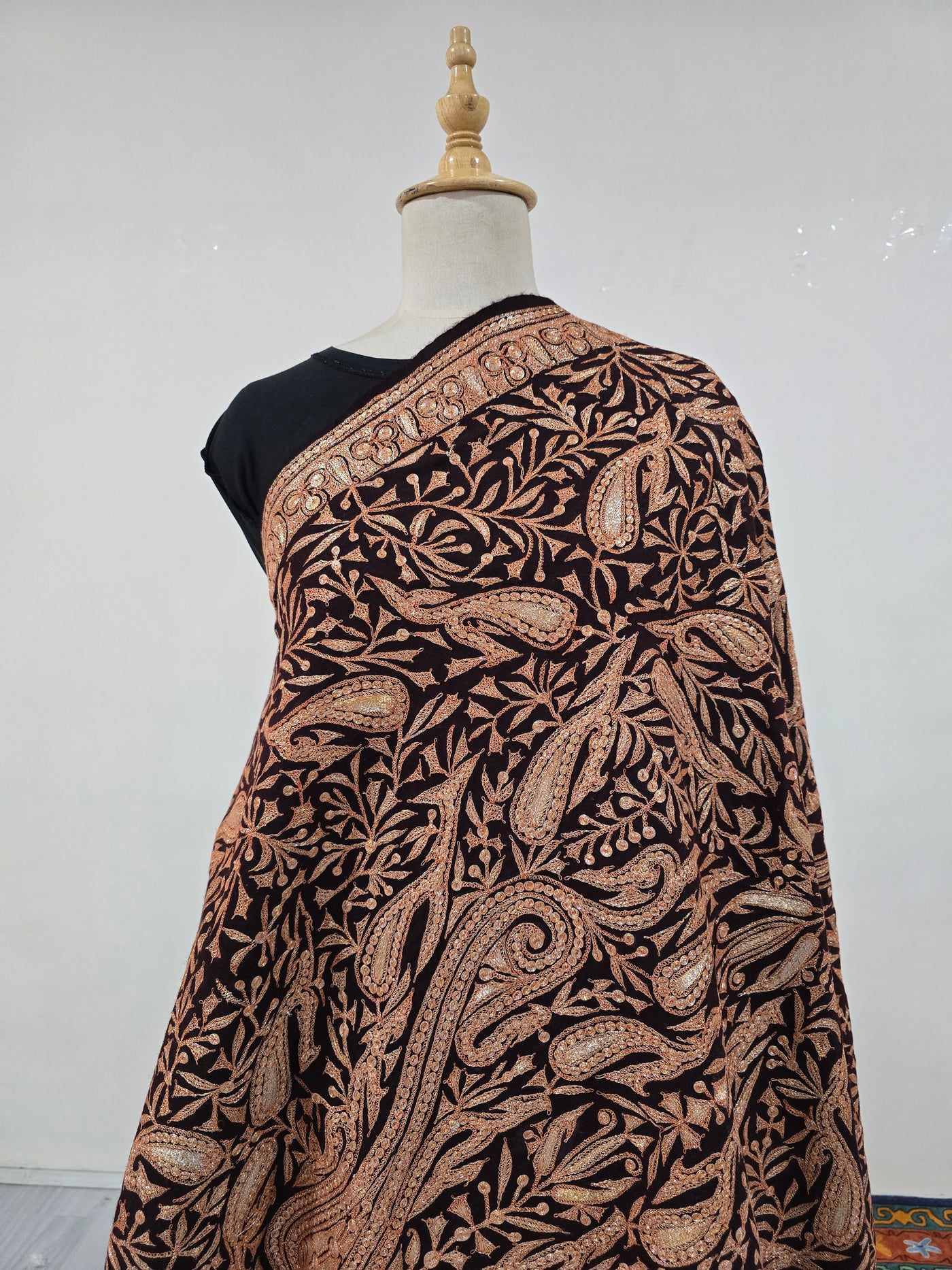 Elegant Brown Fine Merino Wool Shawl with Paisley Tilla Embroidery