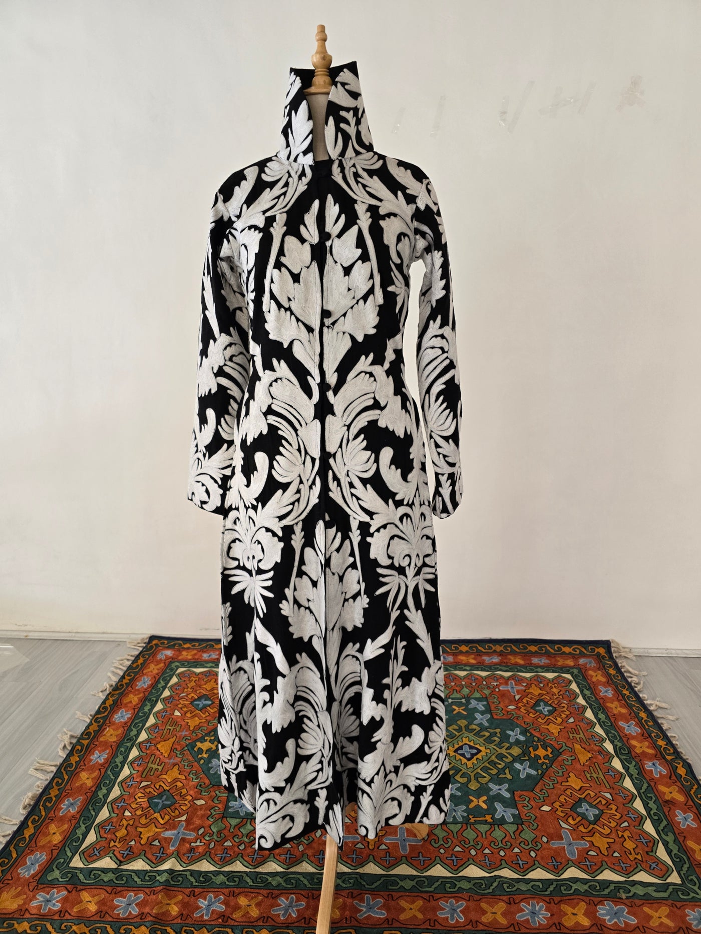 Black & White Grandeur Aari Embroidered Long Jacket