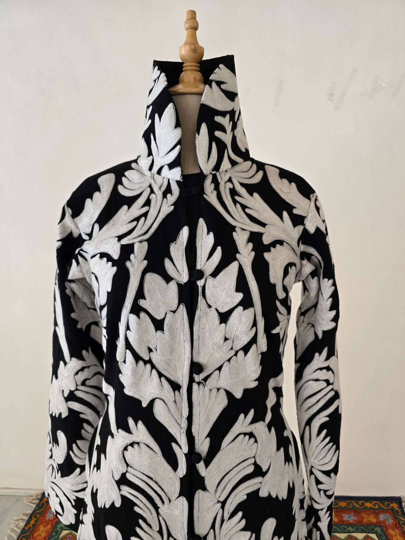 Black & White Grandeur Aari Embroidered Long Jacket