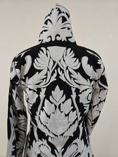 Black & White Grandeur Aari Embroidered Long Jacket