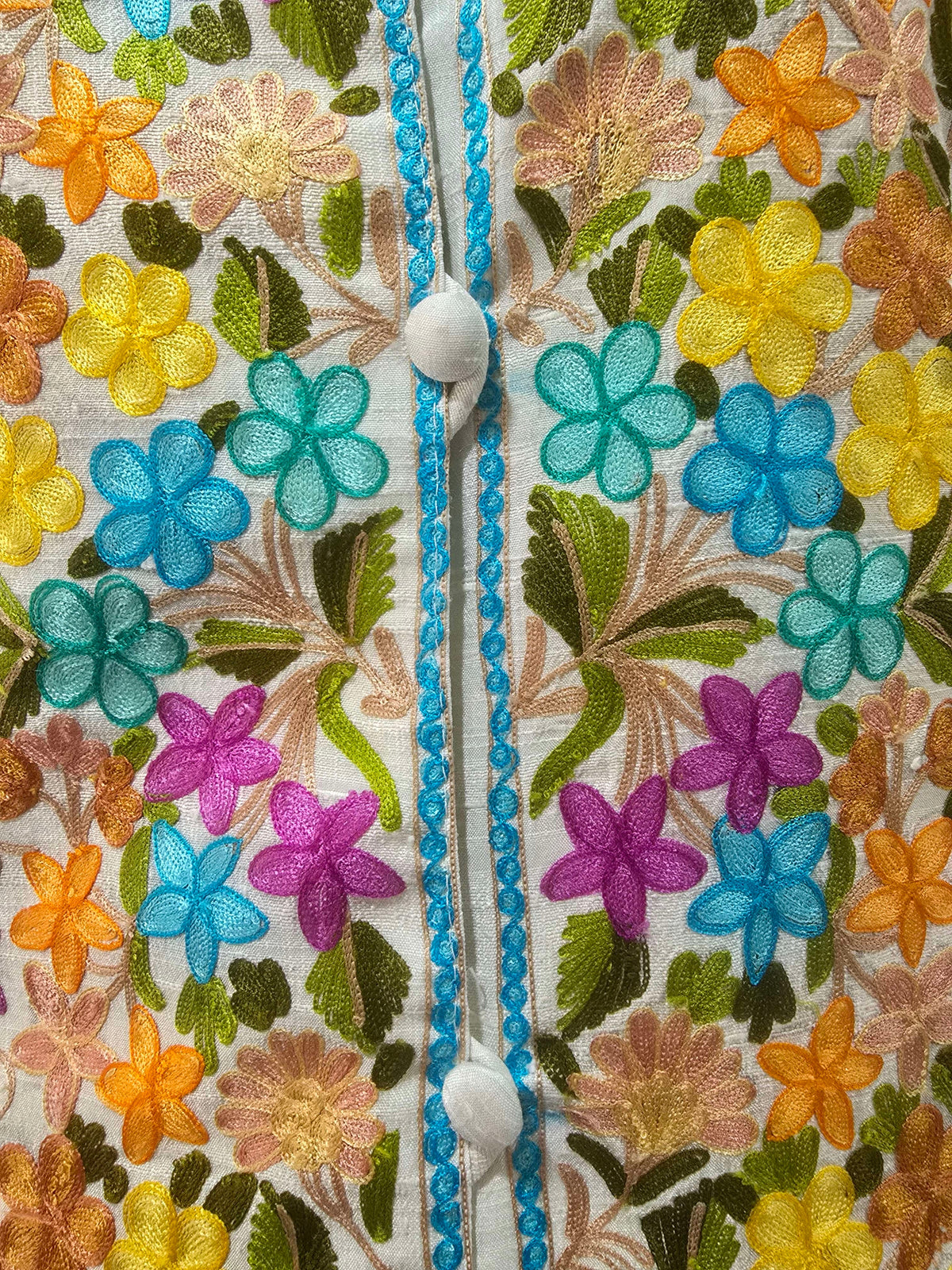 Close-up of the jacket front fastening with white covered buttons, blue stitched edging and colourful flowers on each side.