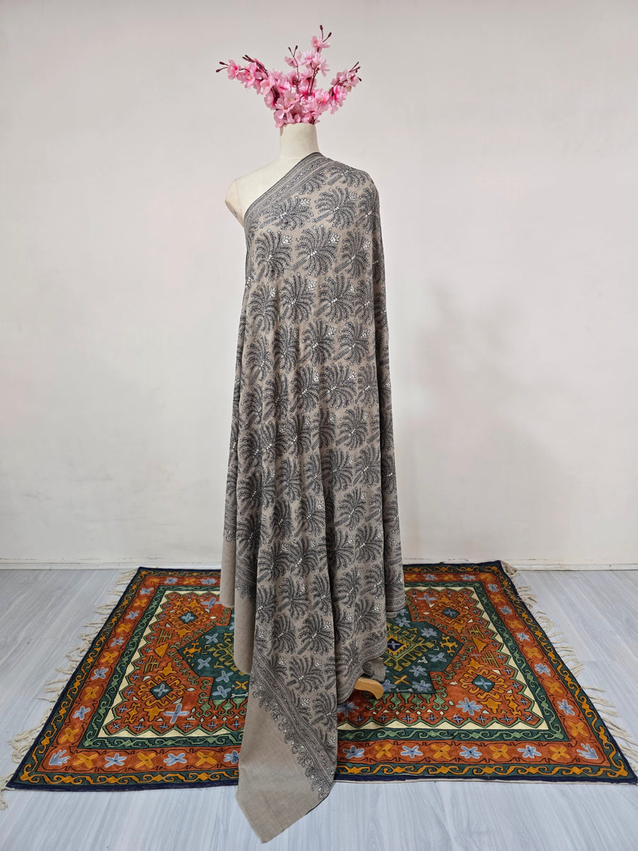 Pure Pashmina 3 Yards Silver Fern Whisper: Sozni Hand Embroidered