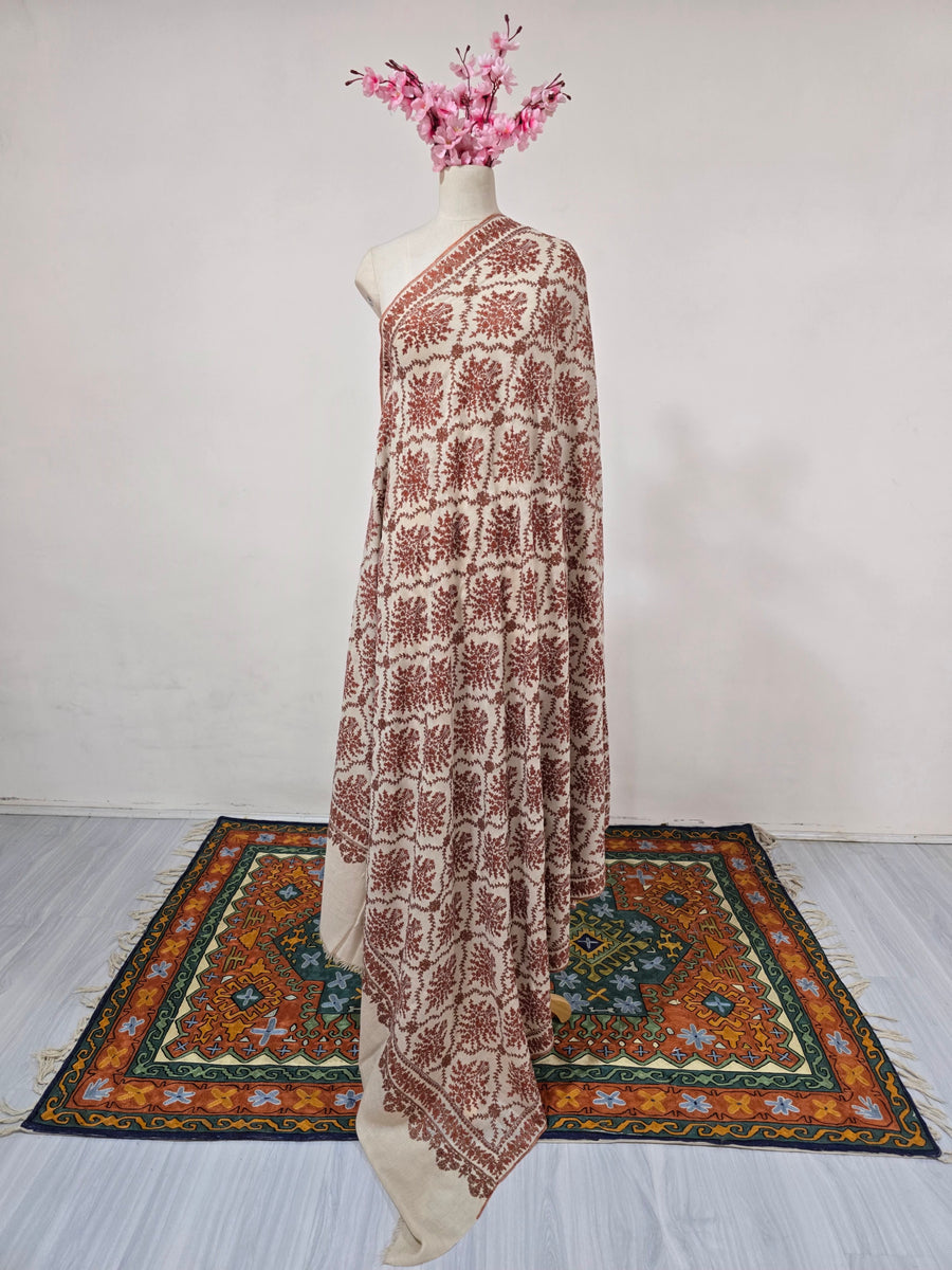 Pure Pashmina 3 Yards Rust Blossom Garden: Sozni Hand Embroidered