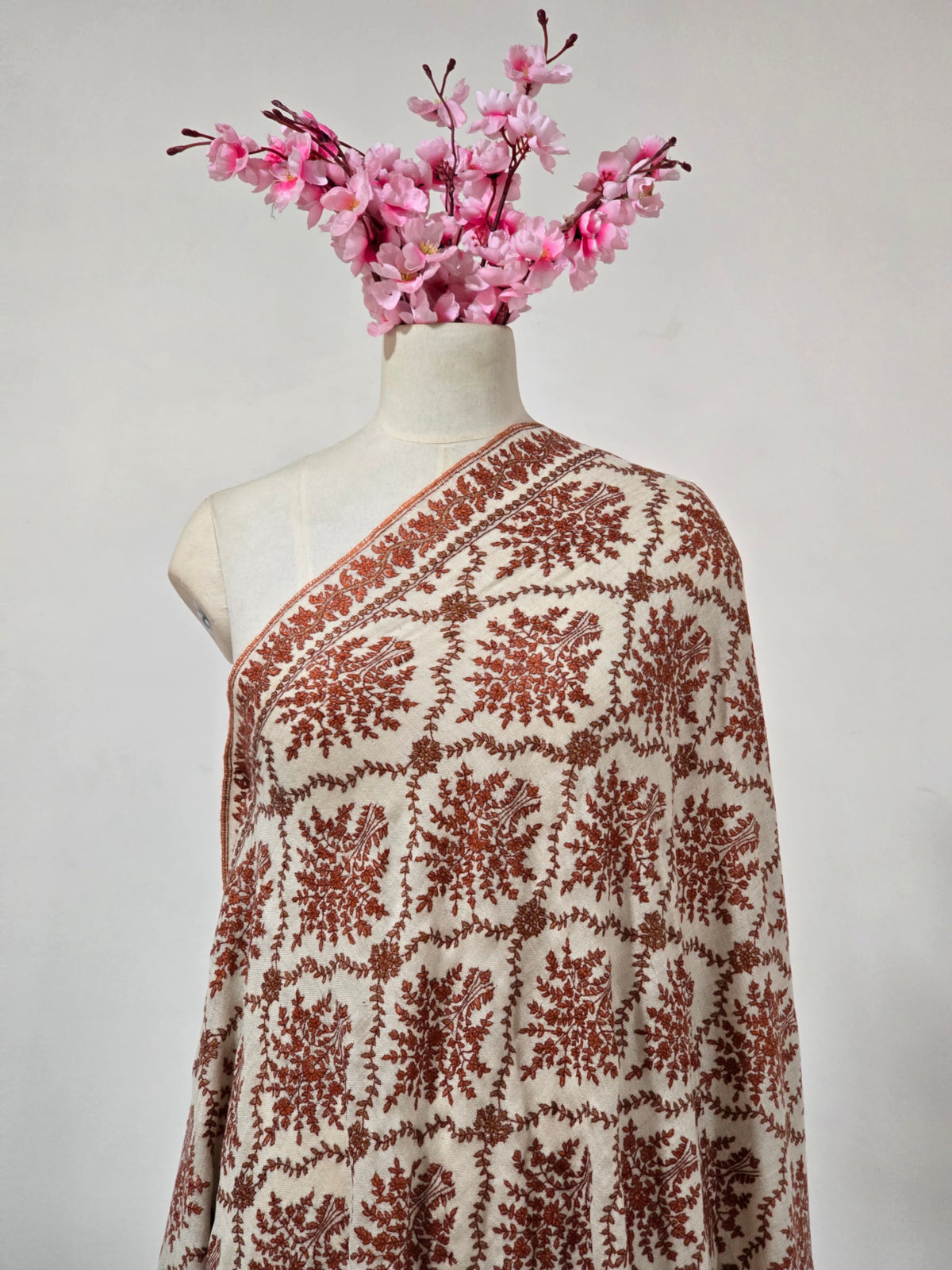 Pure Pashmina 3 Yards Rust Blossom Garden: Sozni Hand Embroidered