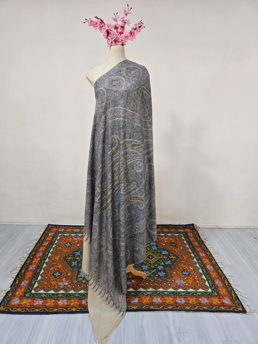 Pure Pashmina 3 Yards Muted Paisley Symphony: Sozni Hand Embroidered