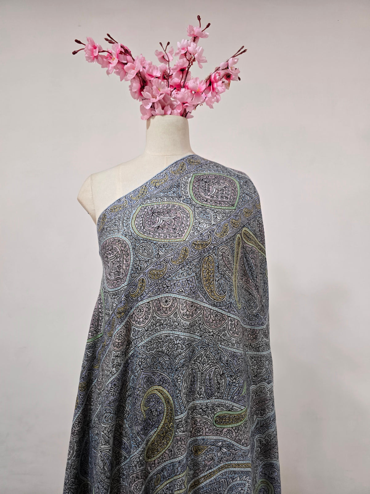 Pure Pashmina 3 Yards Muted Paisley Symphony: Sozni Hand Embroidered