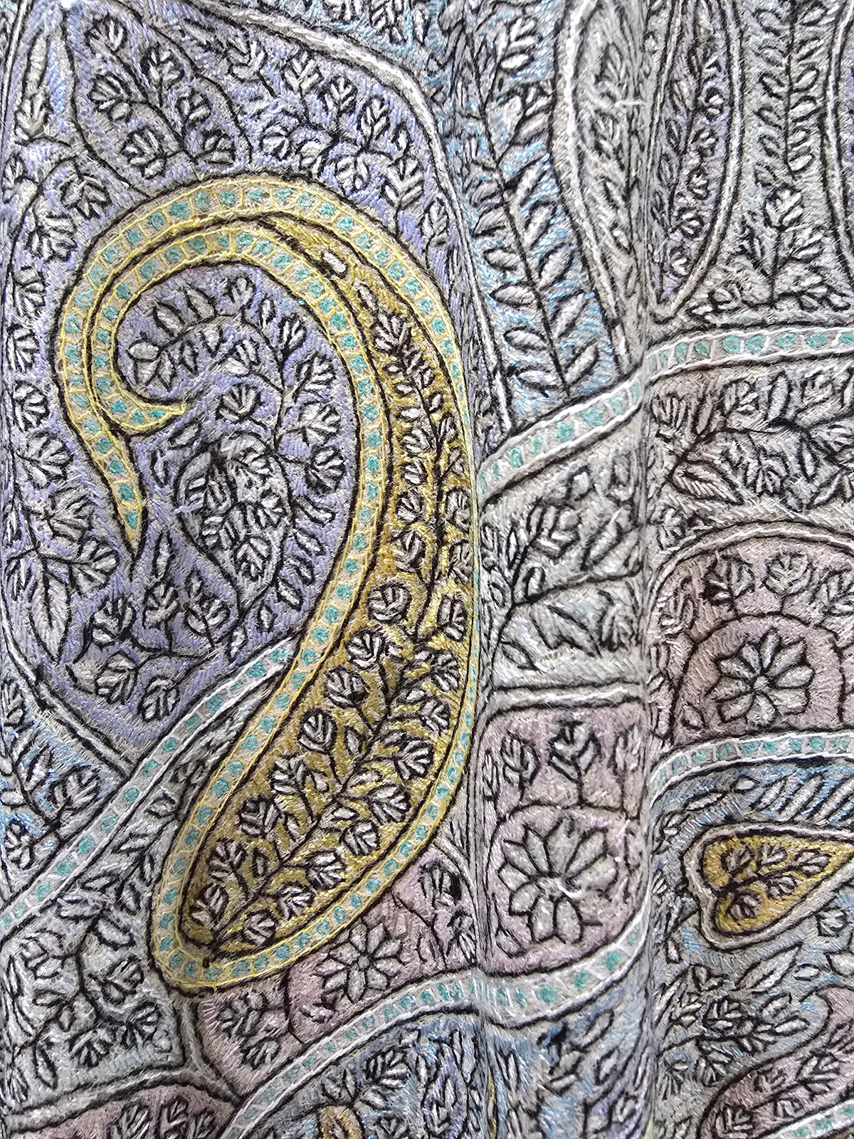 Pure Pashmina 3 Yards Muted Paisley Symphony: Sozni Hand Embroidered