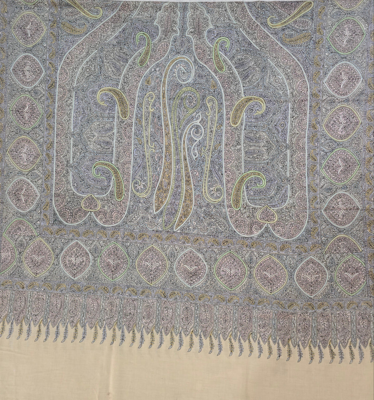 Pure Pashmina 3 Yards Muted Paisley Symphony: Sozni Hand Embroidered