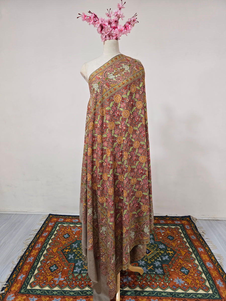 Pure Pashmina 3 Yards Saffron Orchard Bloom: Sozni Hand Embroidered