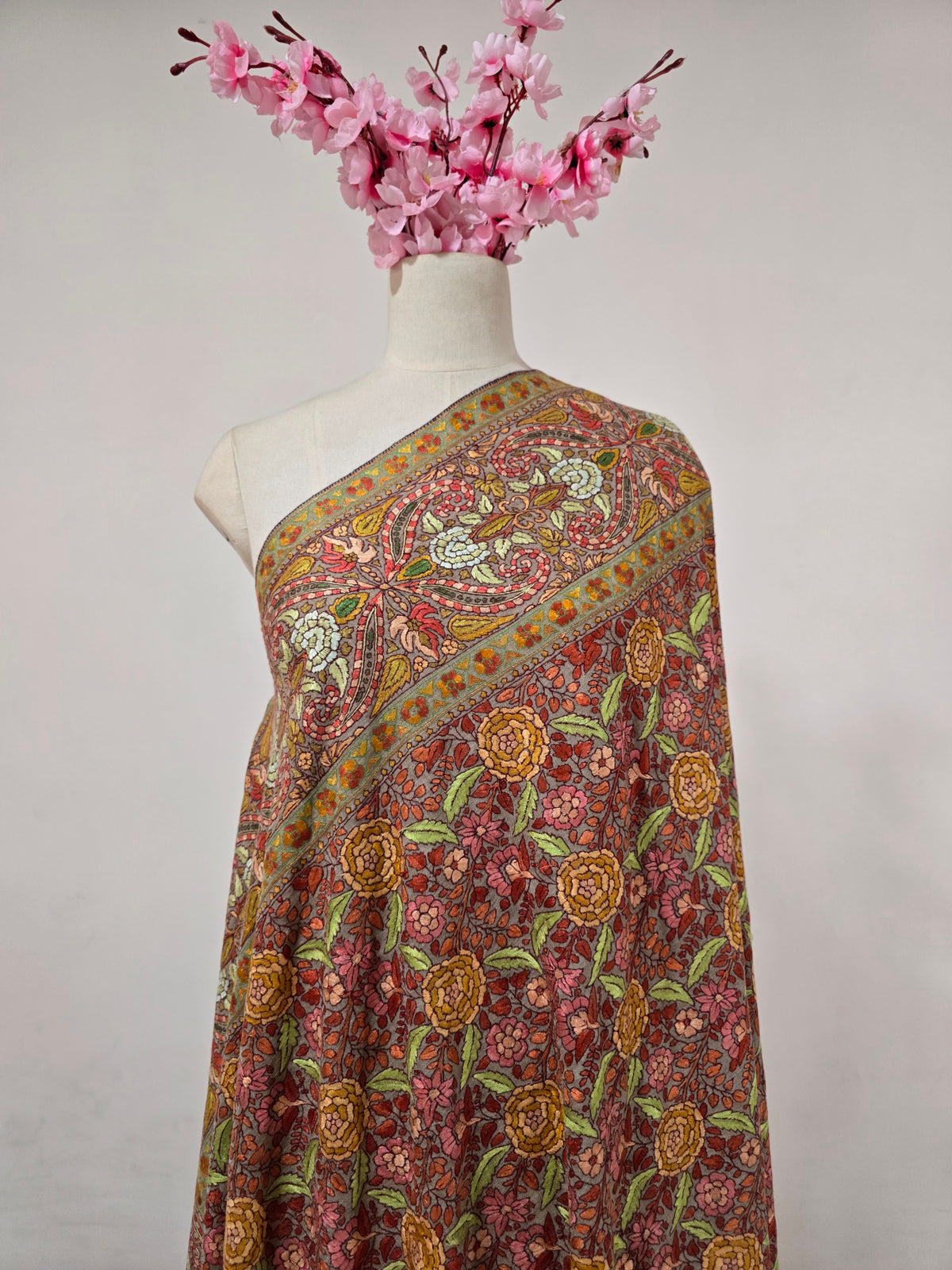 Pure Pashmina 3 Yards Saffron Orchard Bloom: Sozni Hand Embroidered