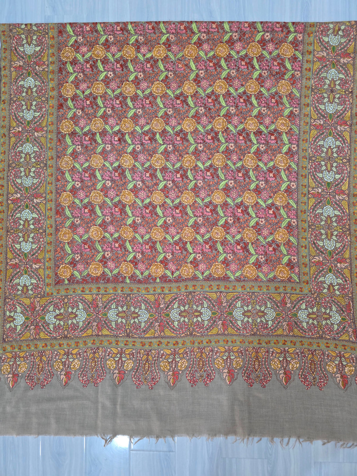 Pure Pashmina 3 Yards Saffron Orchard Bloom: Sozni Hand Embroidered
