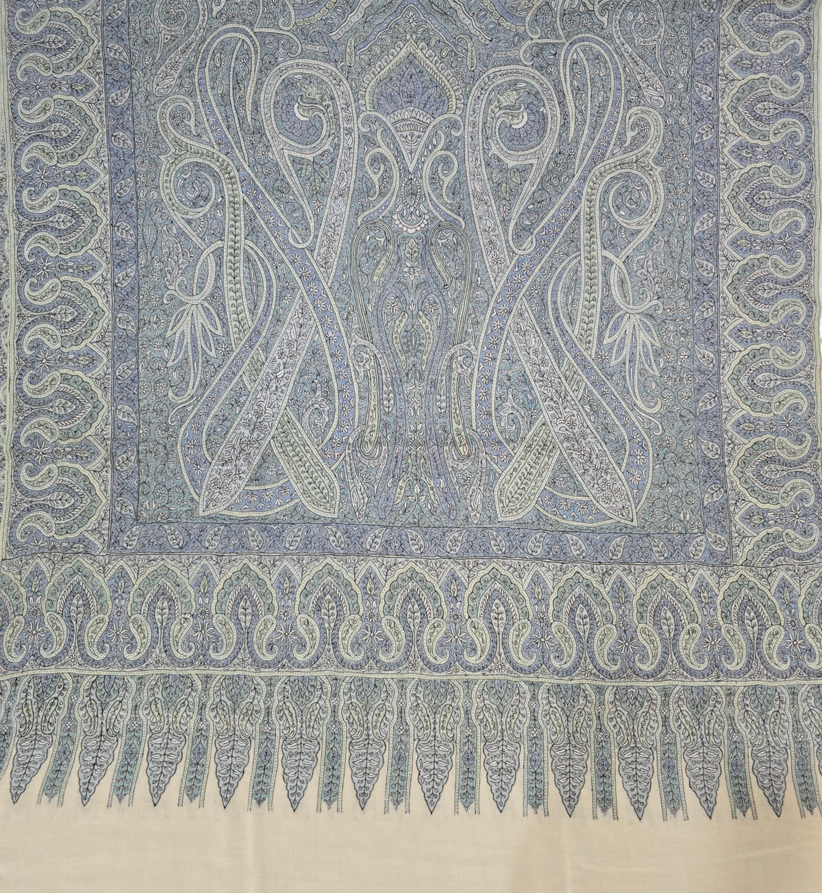 Pure Pashmina 3 Yards Kalamkari Azure Heritage Flow: Sozni Hand Embroidered