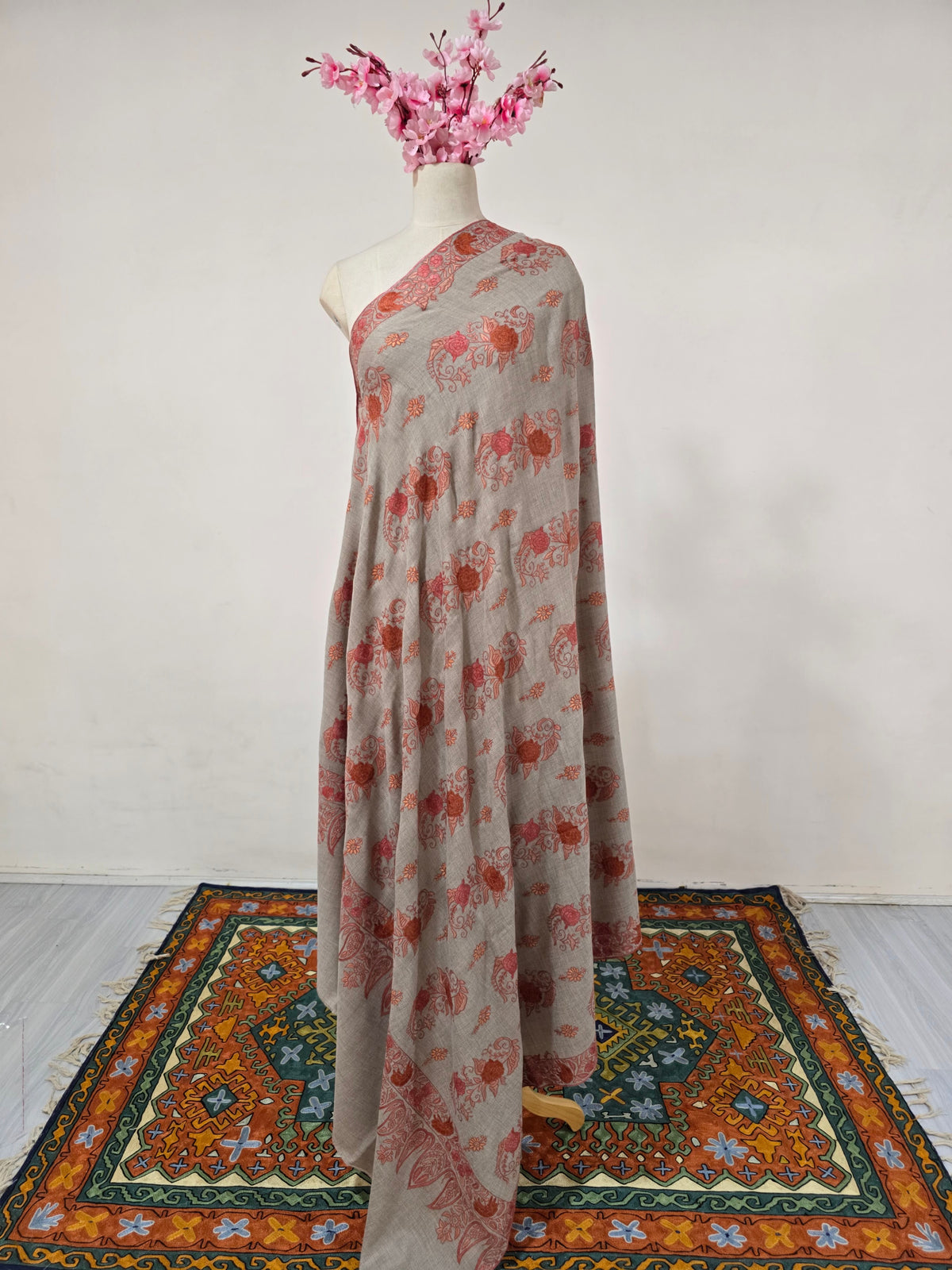 Coral Bloom Reverie: Sozni Hand Embroidered Pure Pashmina 3 Yards