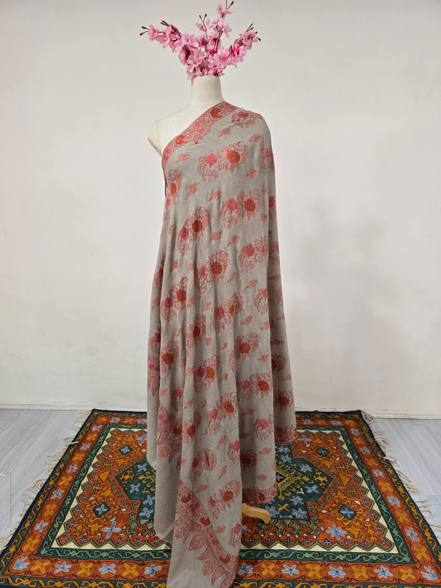 Coral Bloom Reverie: Sozni Hand Embroidered Pure Pashmina 3 Yards