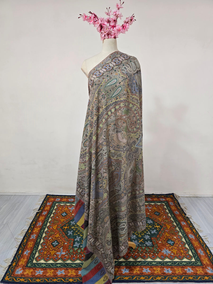 Pure Pashmina 3 Yards Kalamkari Shawl Sozni Hand Embroidered