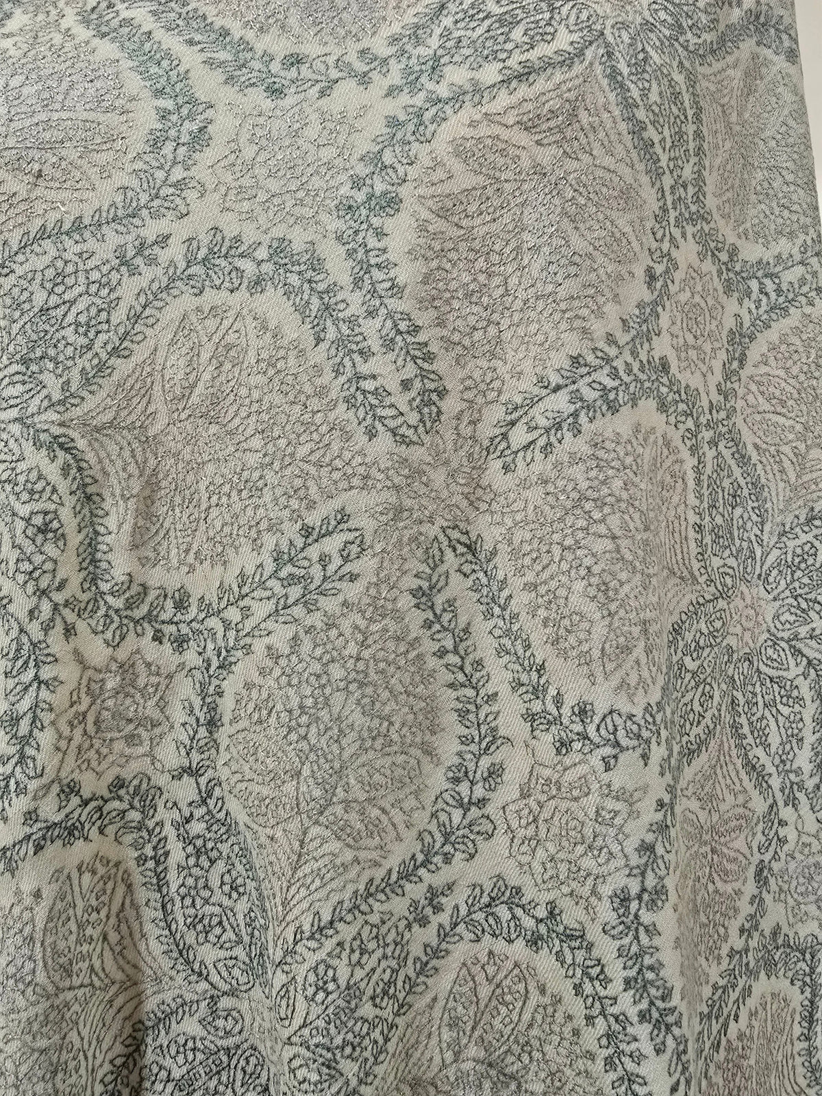 Close-up of pale green Sozni leaf vines framing rounded floral and leaf-filled panels on an ivory Pashmina shawl