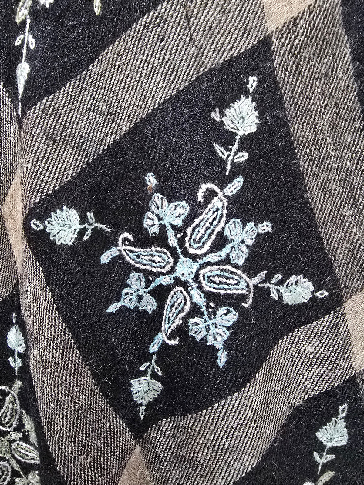 Midnight Lattice Bloom: Sozni Hand Embroidered Pure Pashmina 3 Yards