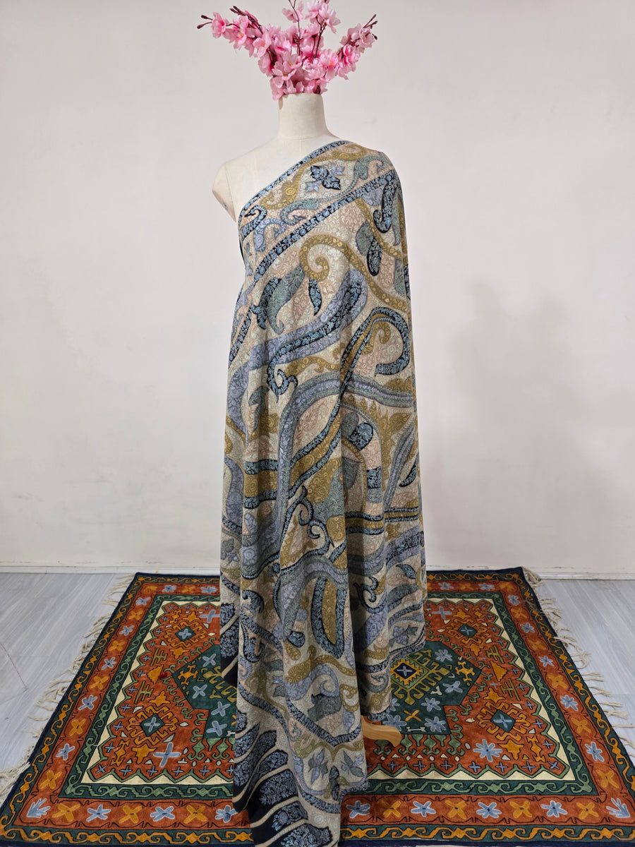 Pure Pashmina 3 Yards Golden Mist Paisley: Sozni Hand Embroidered