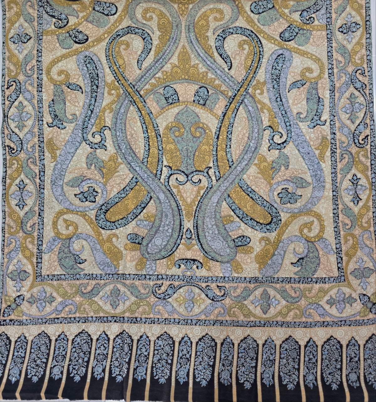 Pure Pashmina 3 Yards Golden Mist Paisley: Sozni Hand Embroidered