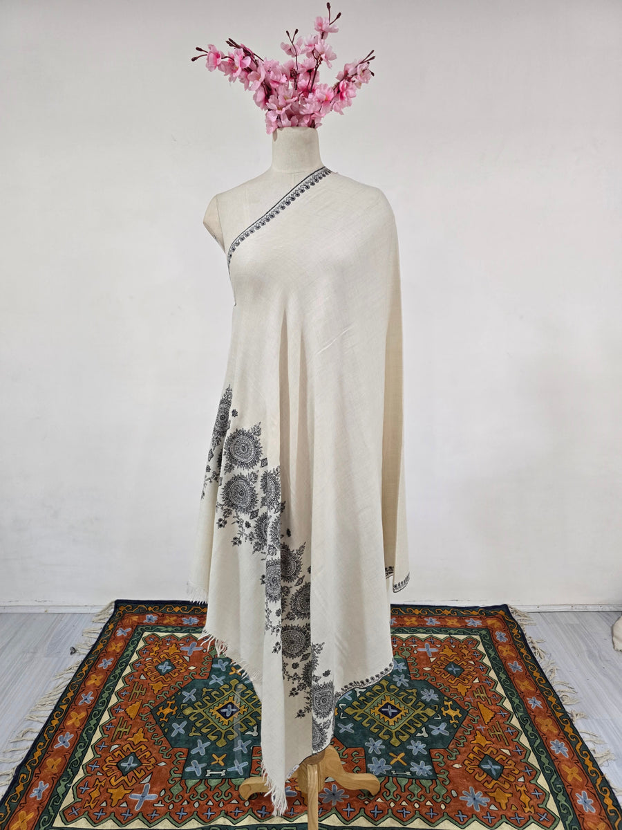 Ivory Noir Bloom: Hand Embroidered Pure Pashmina Shawl