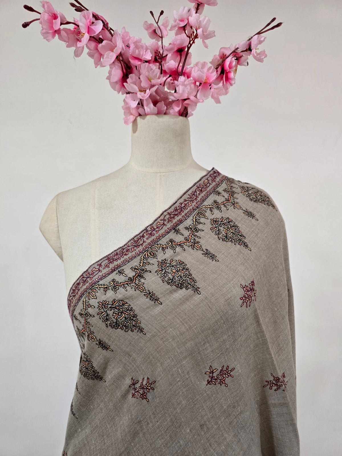 Amber Regal Border: Hand Embroidered Pure Pashmina Shawl