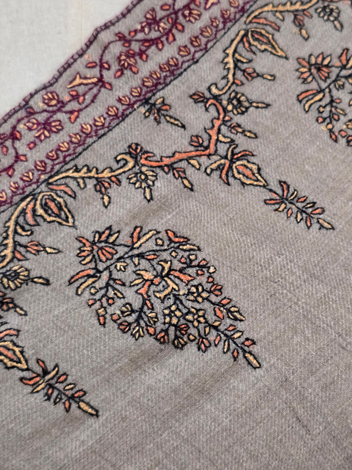 Amber Regal Border: Hand Embroidered Pure Pashmina Shawl
