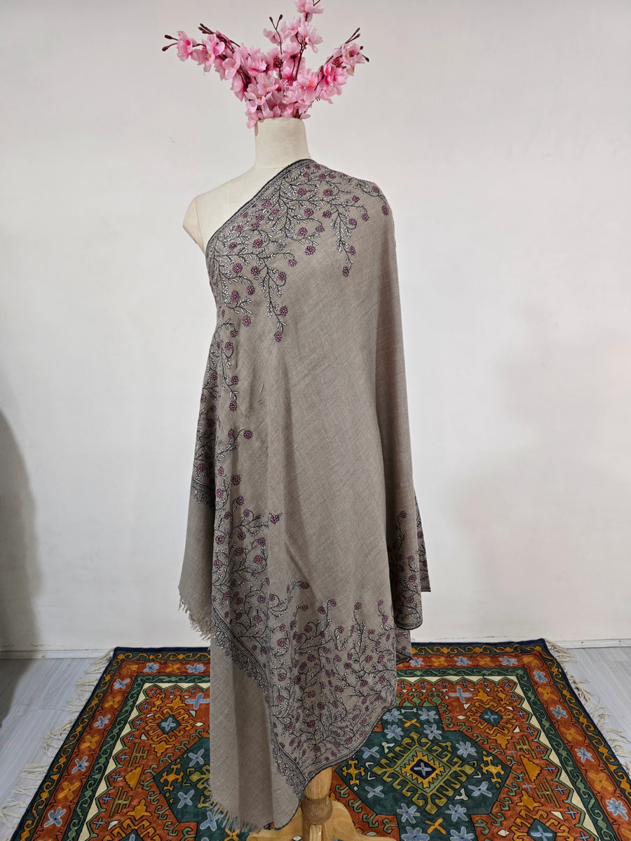 Twilight Blossom Veil: Hand Embroidered Pure Pashmina Shawl