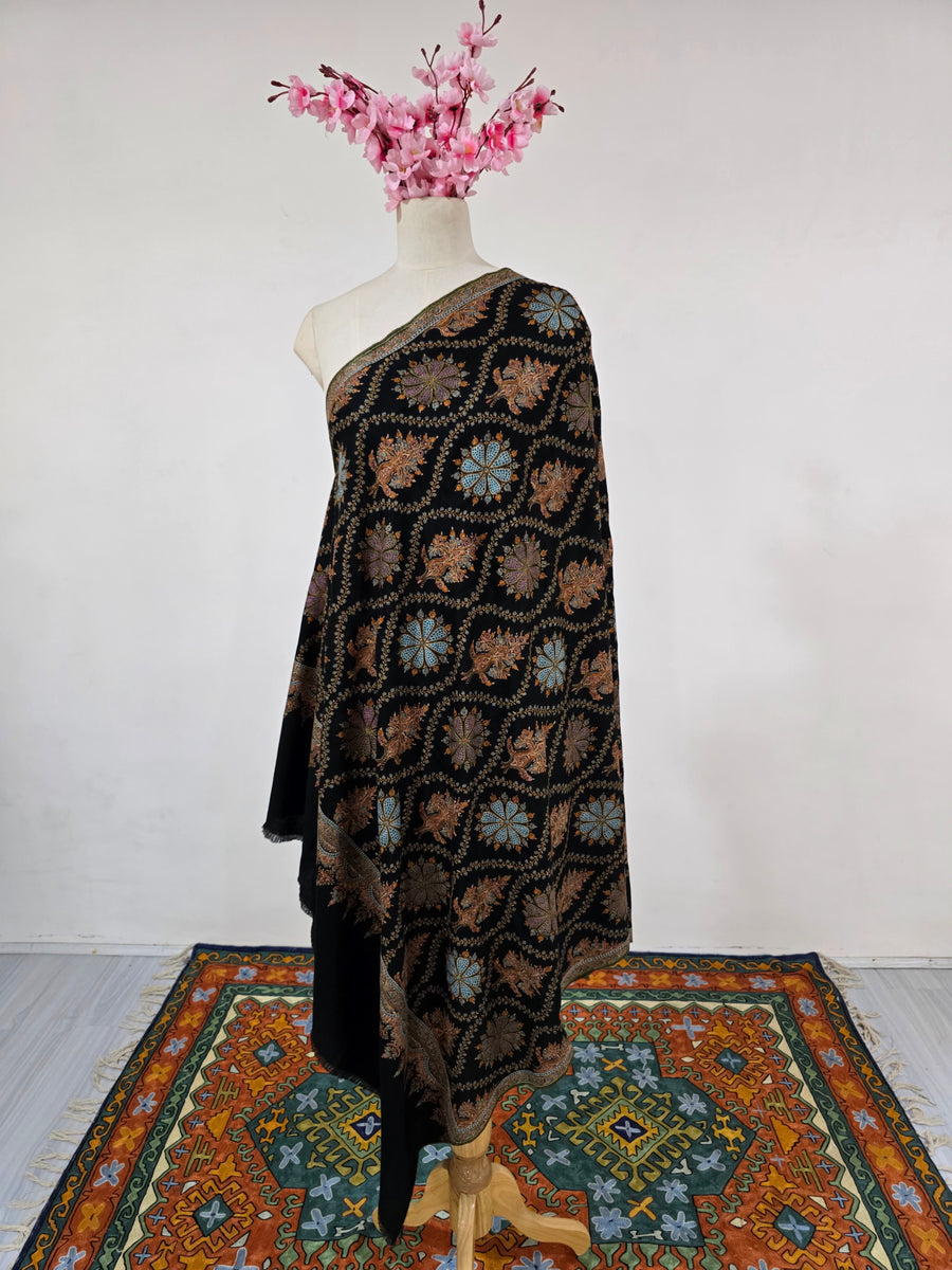 Midnight Garden Opulence: Hand Embroidered Pure Pashmina Shawl