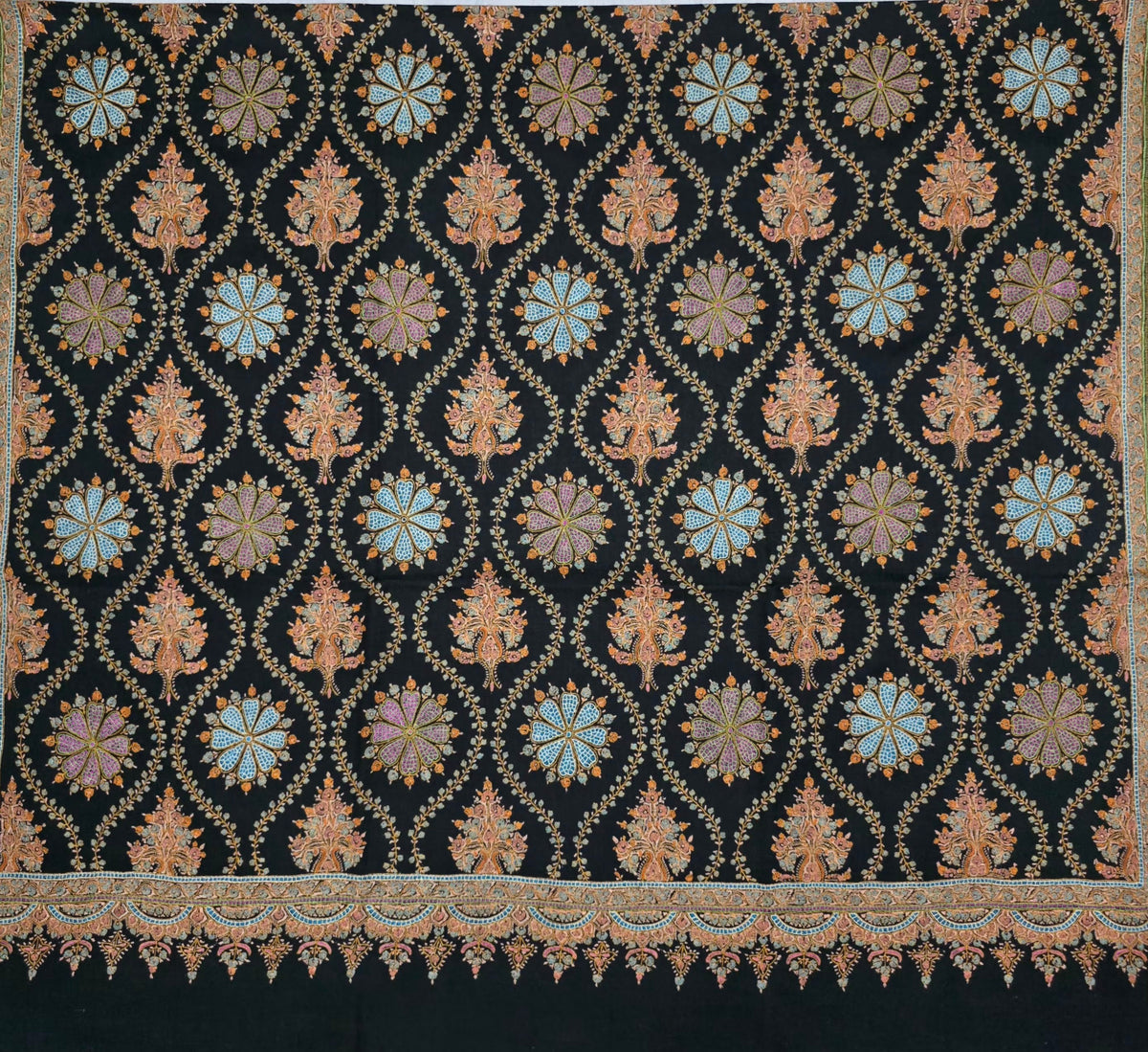 Midnight Garden Opulence: Hand Embroidered Pure Pashmina Shawl