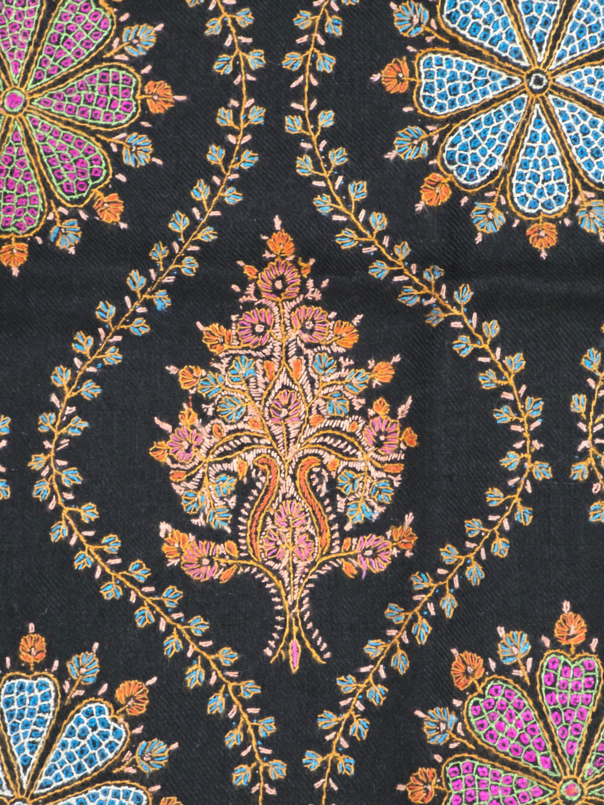 Midnight Garden Opulence: Hand Embroidered Pure Pashmina Shawl