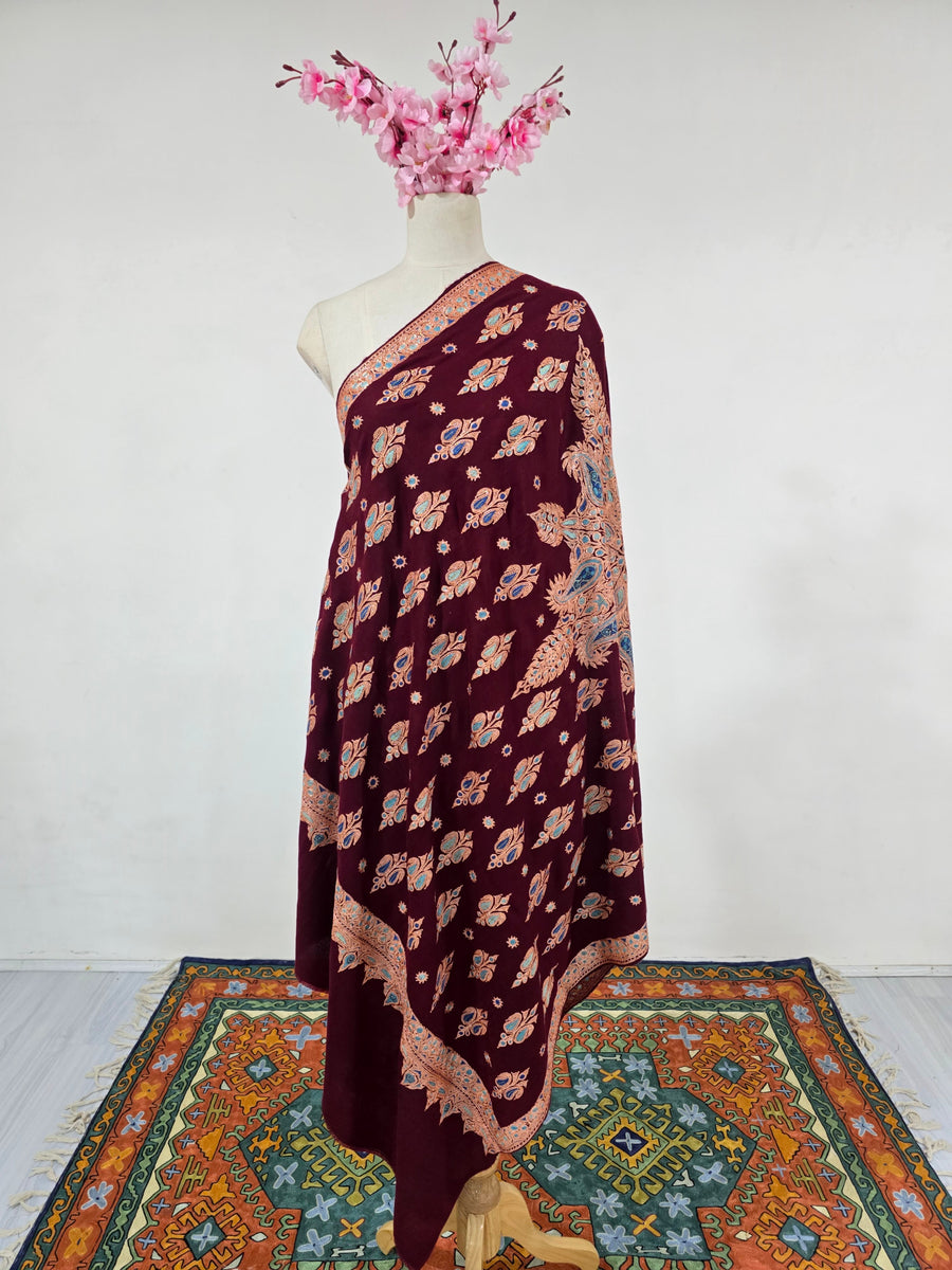 Royal Garnet Aura: Tilla Hand Embroidered Pure Pashmina Shawl