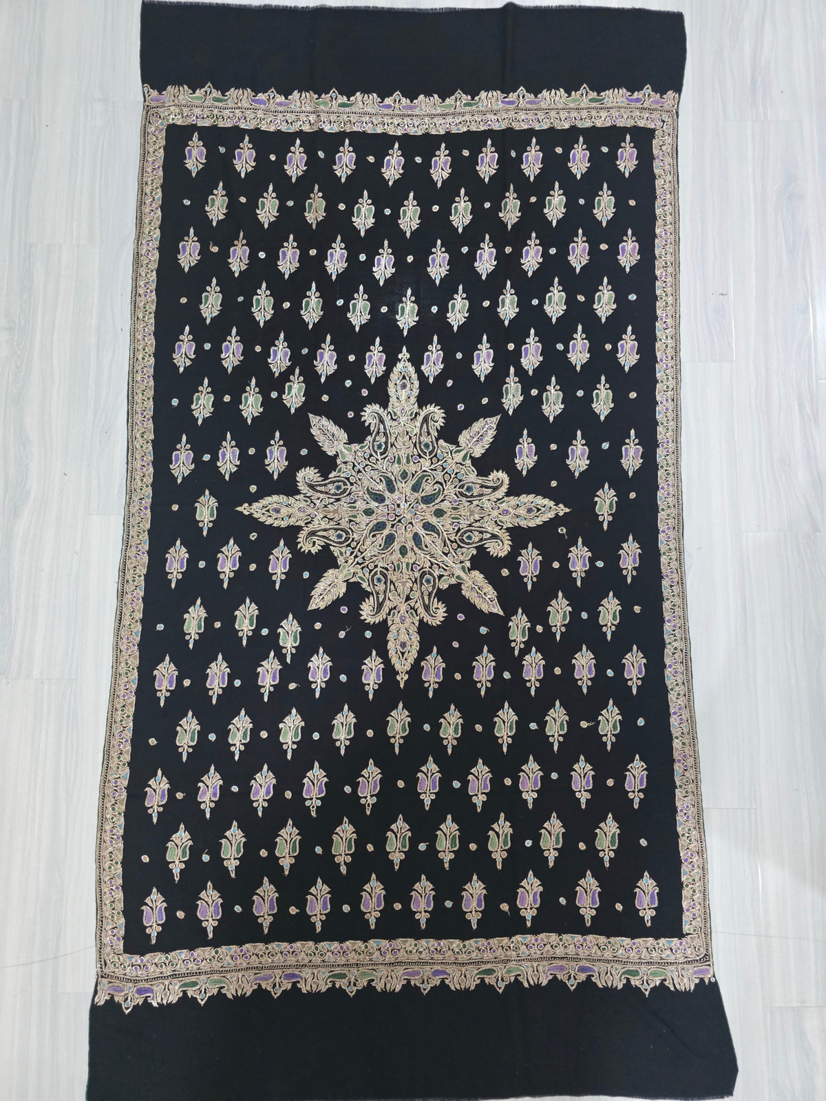 Midnight Regal Bloom: Tilla Hand Embroidered Pure Pashmina Shawl