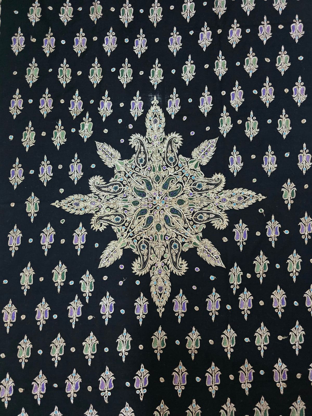 Midnight Regal Bloom: Tilla Hand Embroidered Pure Pashmina Shawl