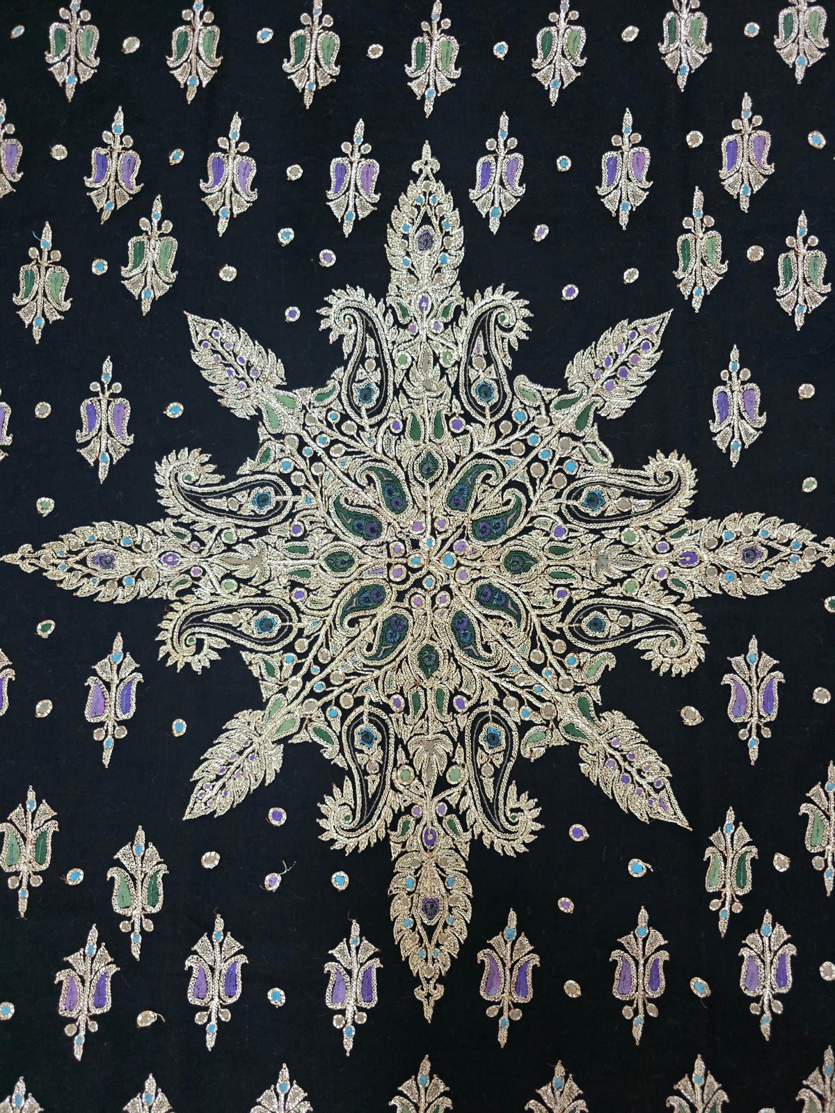 Midnight Regal Bloom: Tilla Hand Embroidered Pure Pashmina Shawl