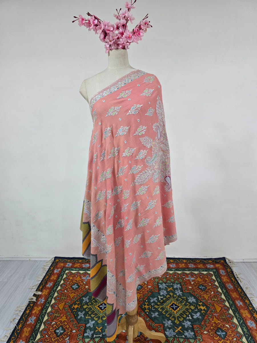 Blush Harmony Elegance: Tilla Hand Embroidered Pure Pashmina Shawl