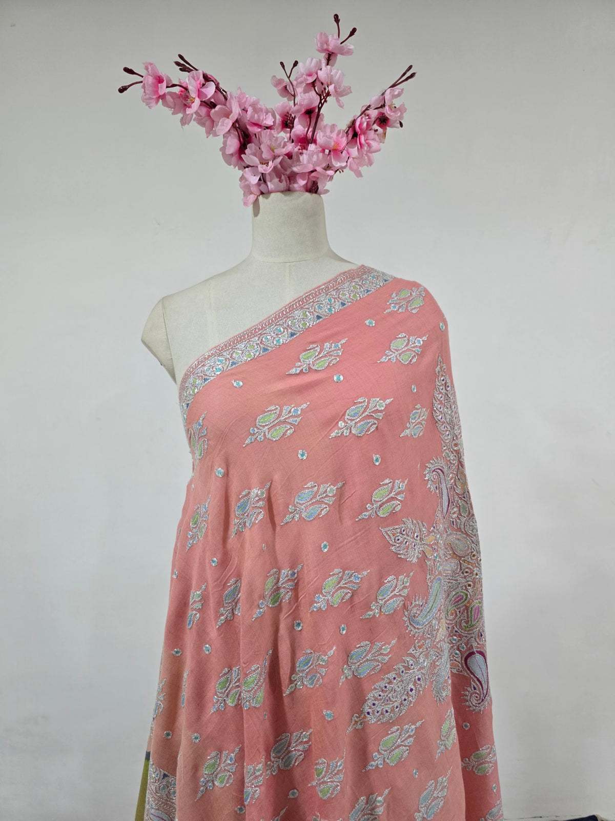 Blush Harmony Elegance: Tilla Hand Embroidered Pure Pashmina Shawl