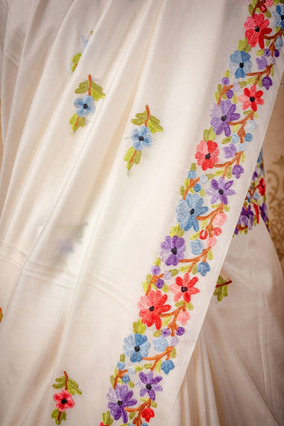 The White Silk Symphony: Aari Embroidered Kashmiri Saree - KashmKari