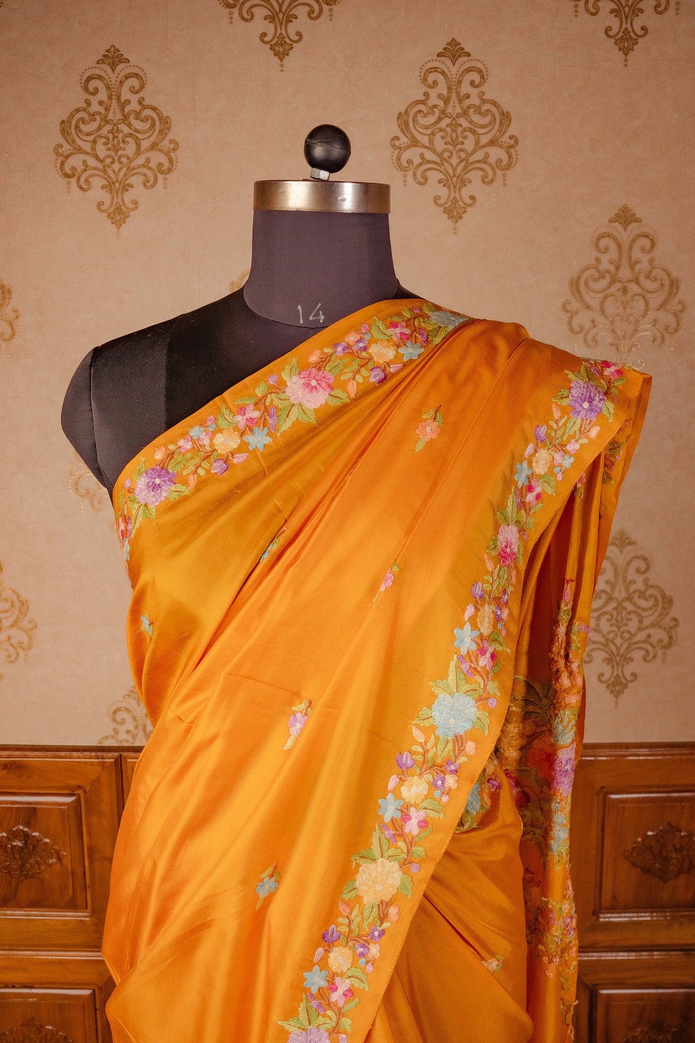 The Mustard Mirage: Handcrafted Aari Embroidered Pure Silk Saree - KashmKari