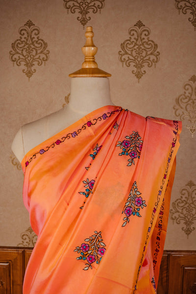 Radiance in Threads: Orange Pure Silk Saree Adorned with Traditional Sozni Embroidery - KashmKari