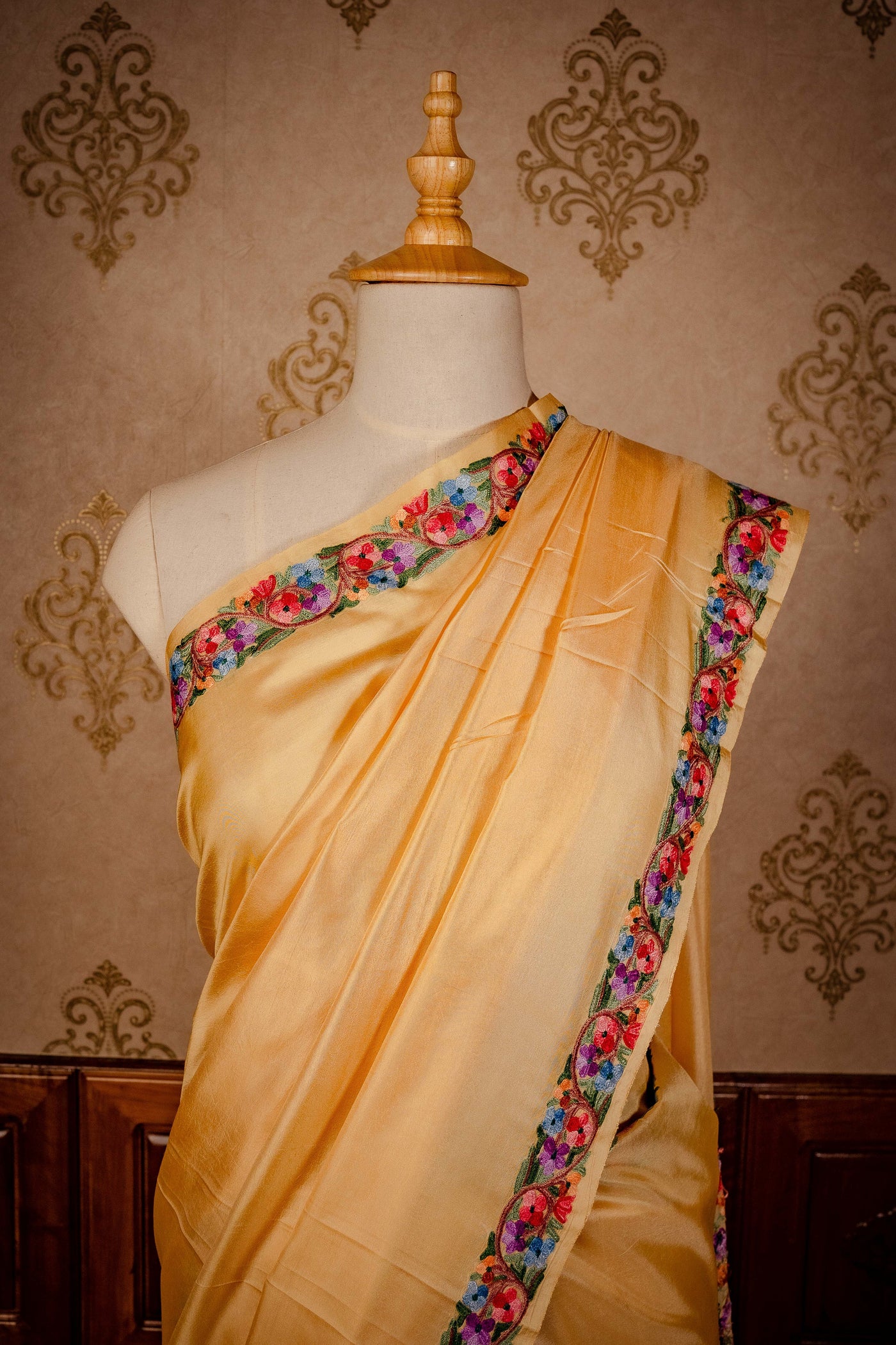 The Kashmiri Elegance: Cream-Coloured Pure Silk Saree with Vibrant Aari Embroidery - KashmKari