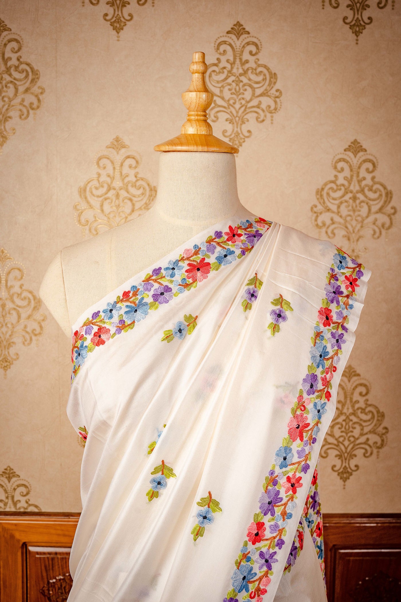 The White Silk Symphony: Aari Embroidered Kashmiri Saree - KashmKari
