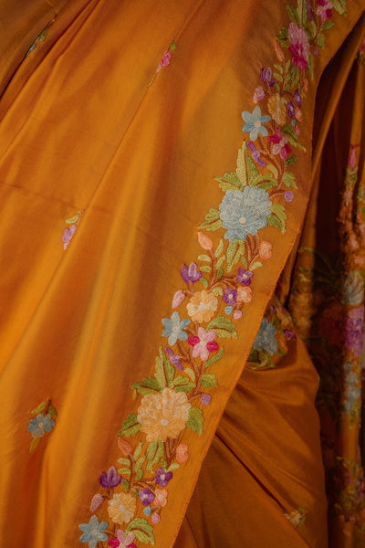The Mustard Mirage: Handcrafted Aari Embroidered Pure Silk Saree - KashmKari