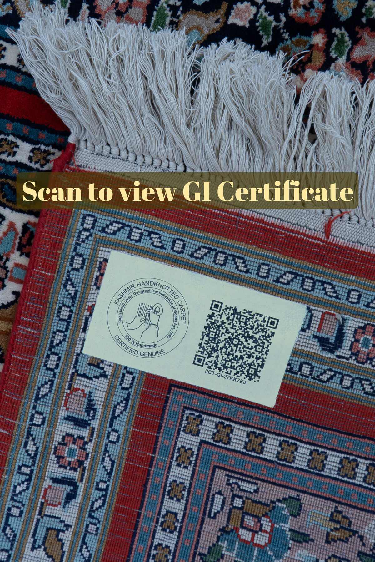 Carpet corner with white fringe and a QR label beneath the text Scan to view GI Certificate