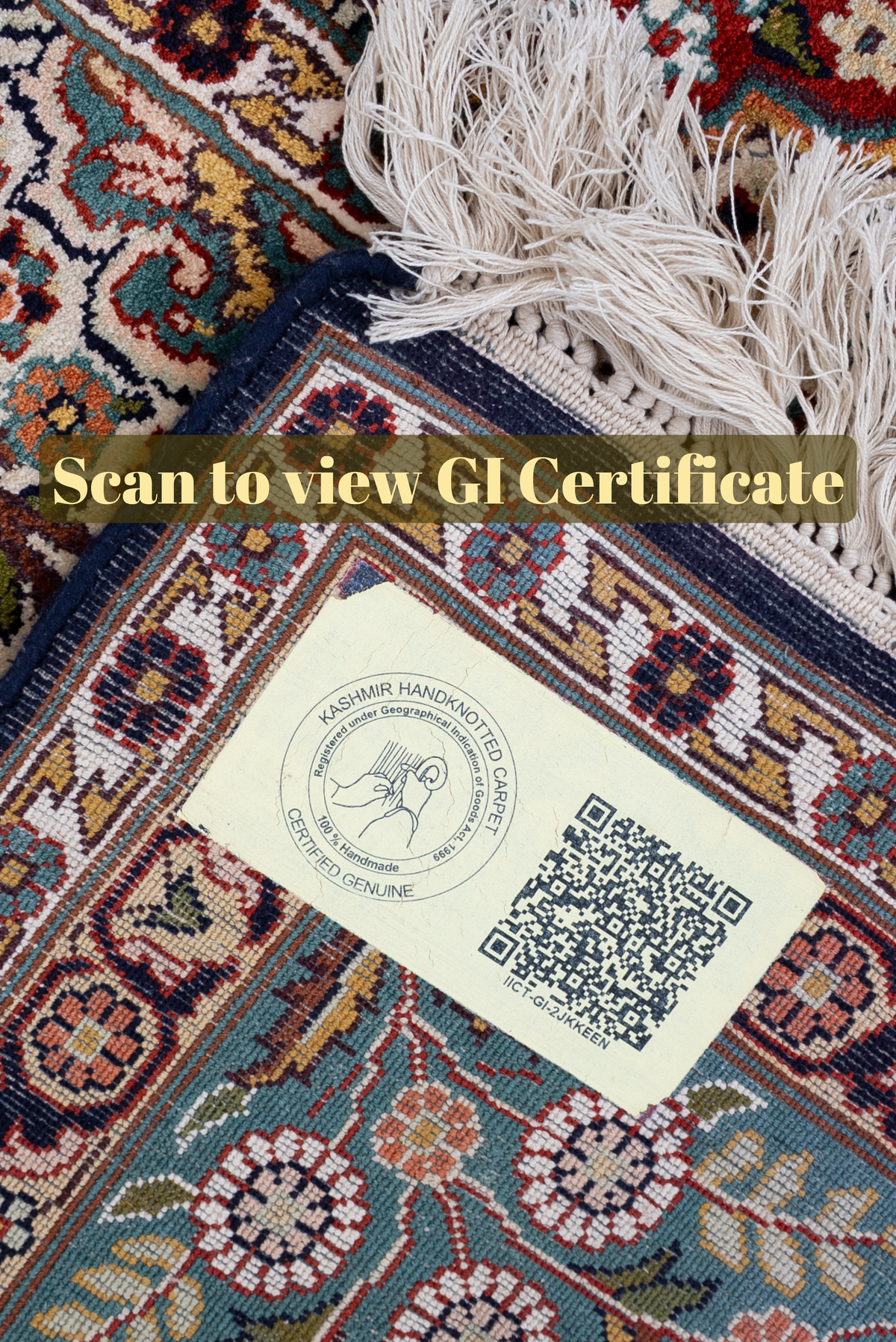 QR-coded label on a folded carpet corner, with overlaid text reading Scan to view GI Certificate