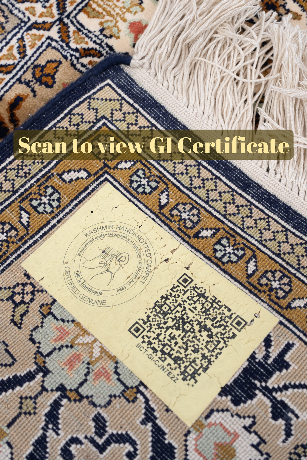 QR-coded label on a folded carpet corner, with overlaid text reading Scan to view GI Certificate