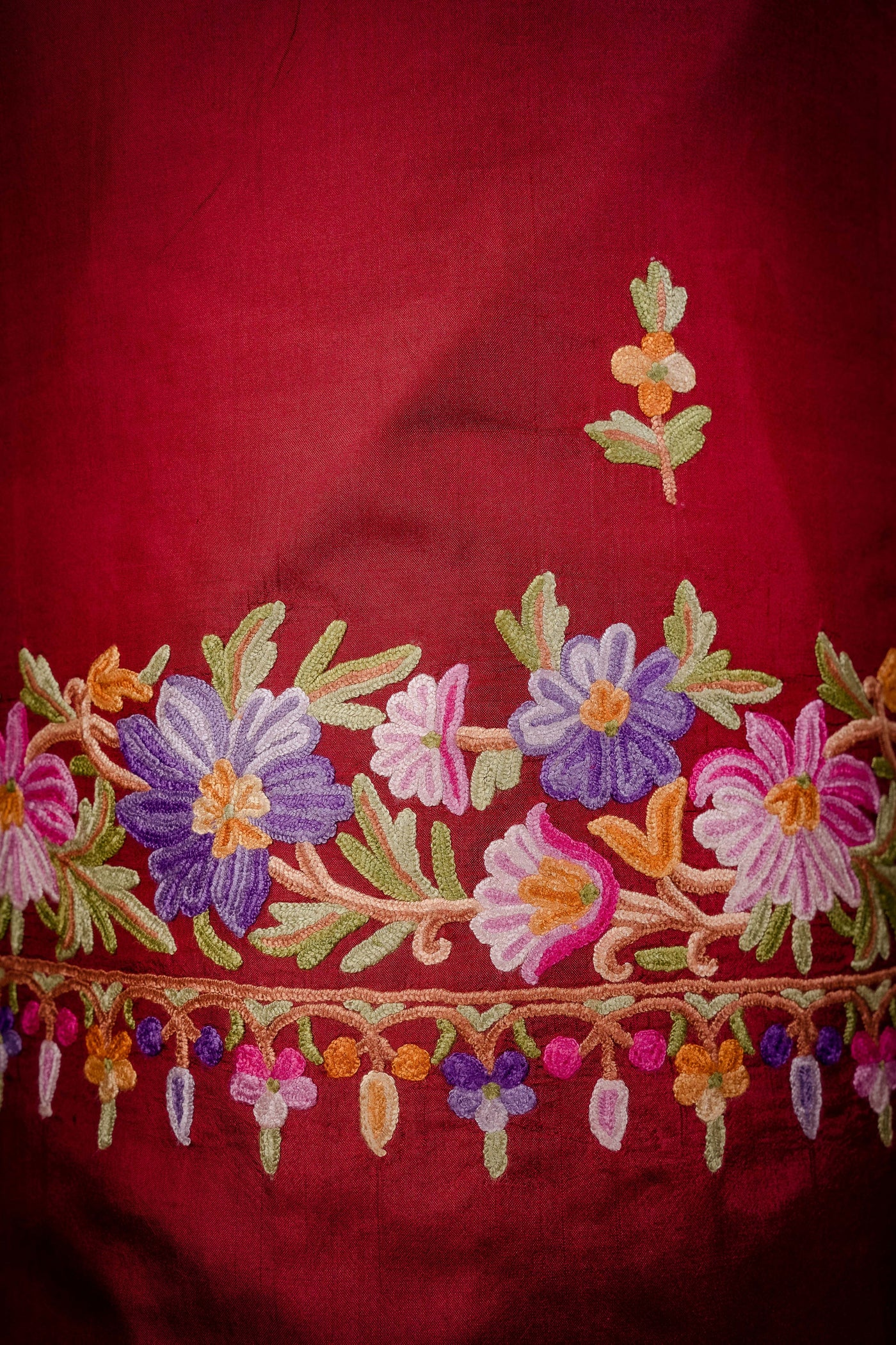 The Treasure Trove: Maroon Kashmiri Pure Silk Saree with Floral Aari Embroidery - KashmKari