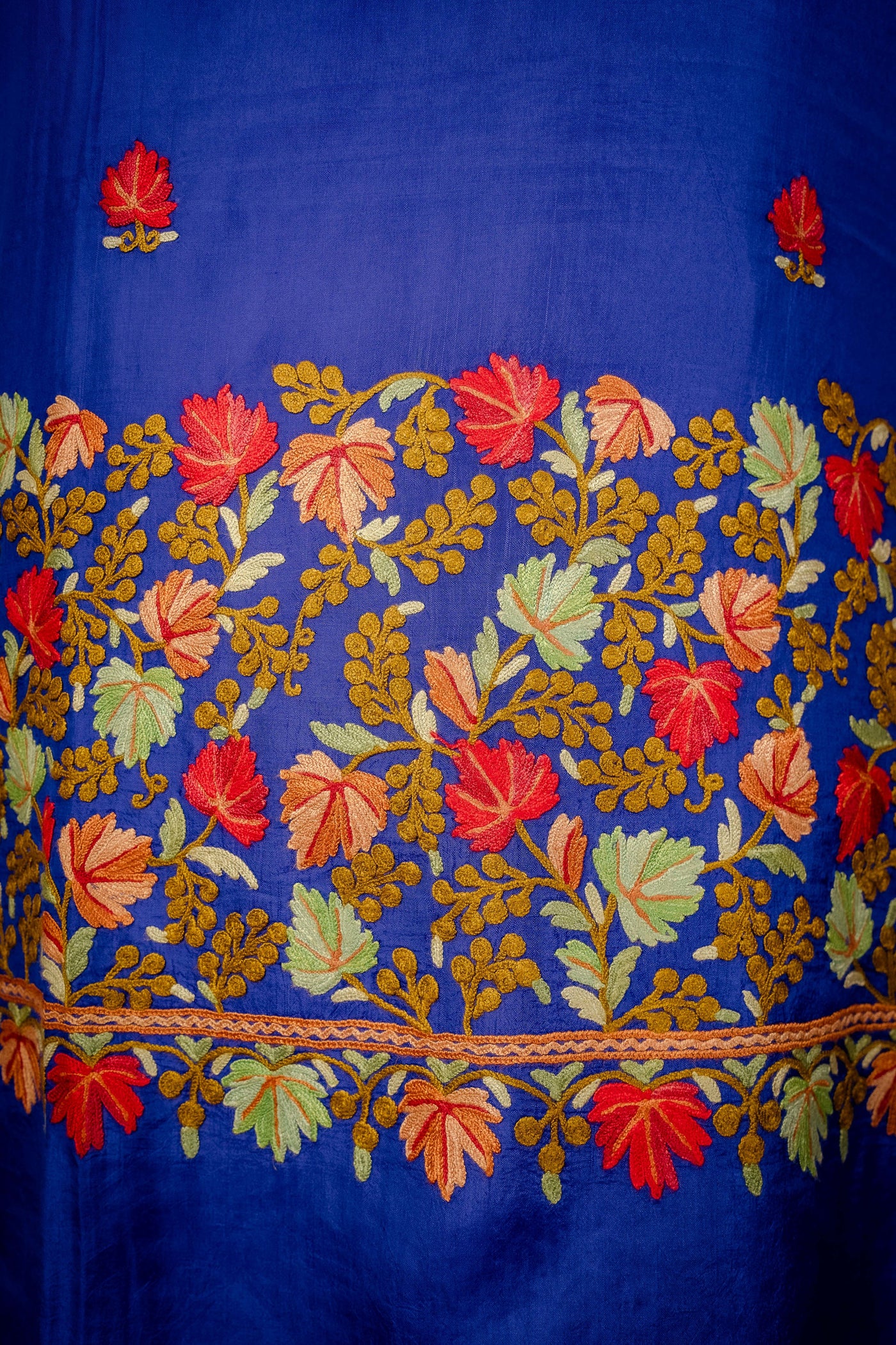 The Royal Canvas: Hand Aari Embroidered Chinar Motif Kashmiri Silk Saree - KashmKari