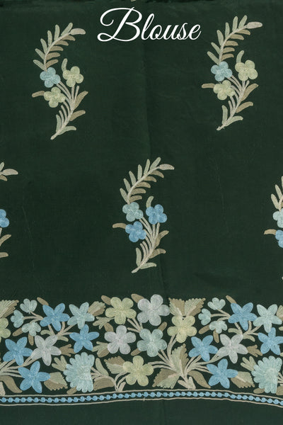 Emerald Twilight Kashmiri Aari Embroidery Saree in Pure Crepe - KashmKari