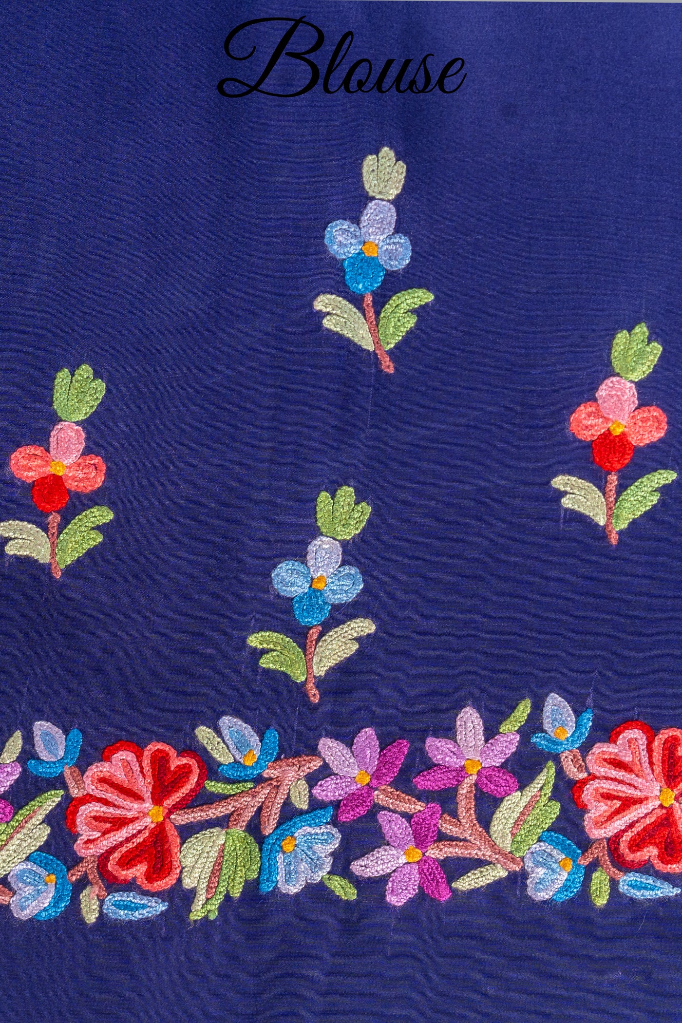 Regal Blue Aari Hand-Embroidered Kashmiri Crepe Saree - KashmKari